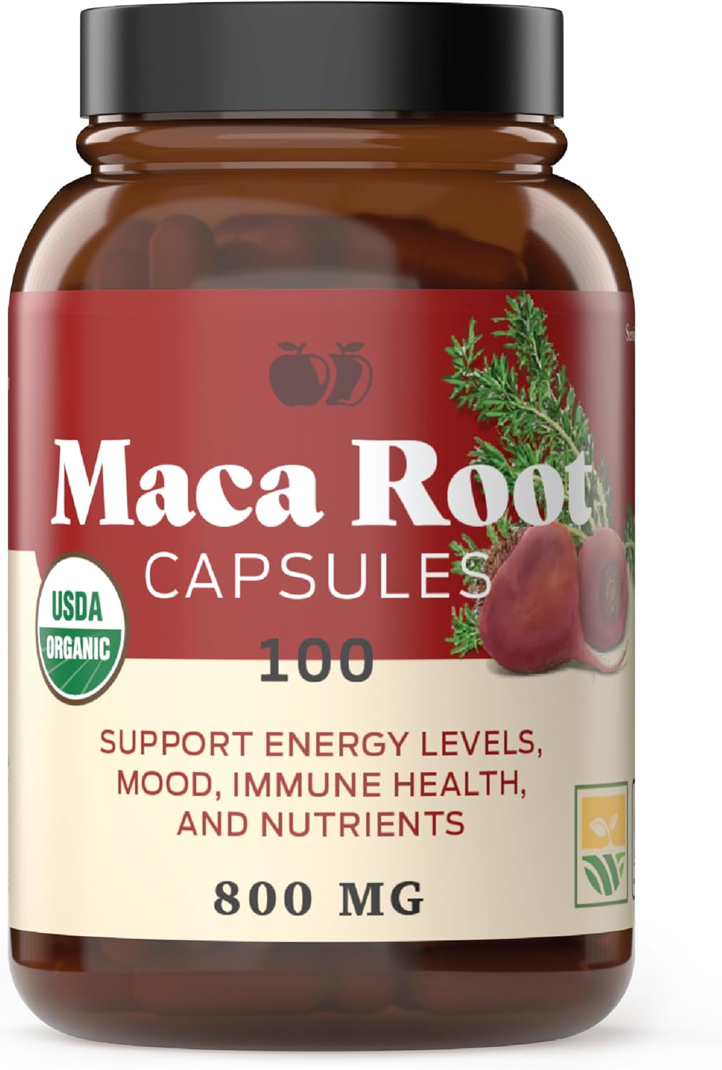 Capsulas de Maca Roja Orgánica - 800mg, 100 cápsulas, pura en polvo