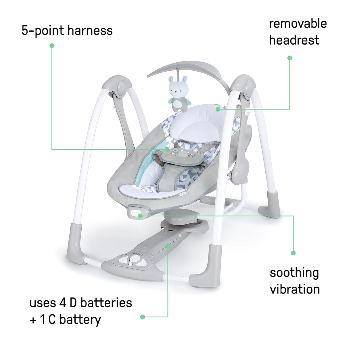 Ingenuity ConvertMe - 2 en 1 columpio portátil y compacto para bebé y asiento infantil, vibraciones alimentadas por batería, balanceo automático, sonidos de la naturaleza, Raylan