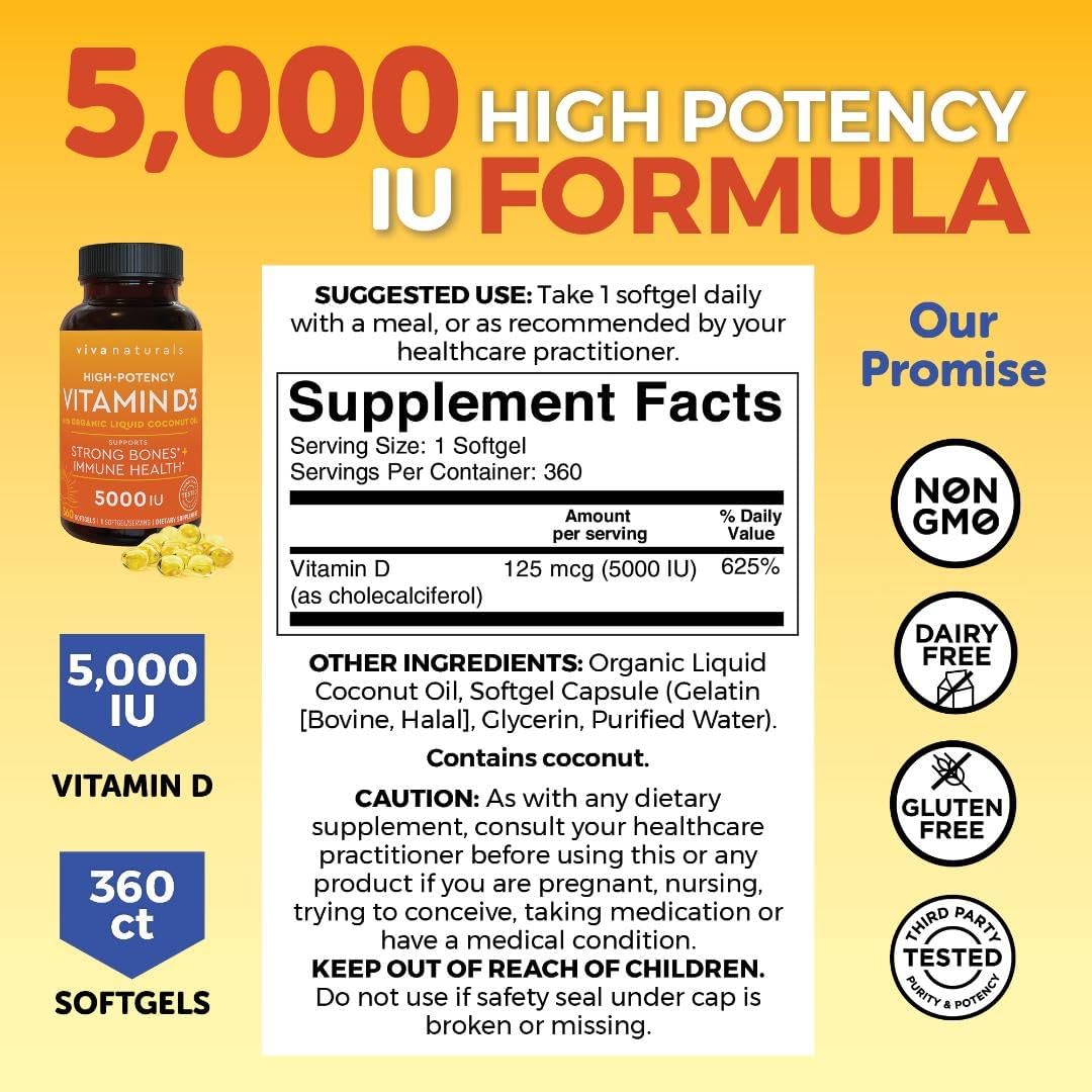 Suplemento de Vitamina D3 5000 IU - Viva Naturals, 360 Softgels