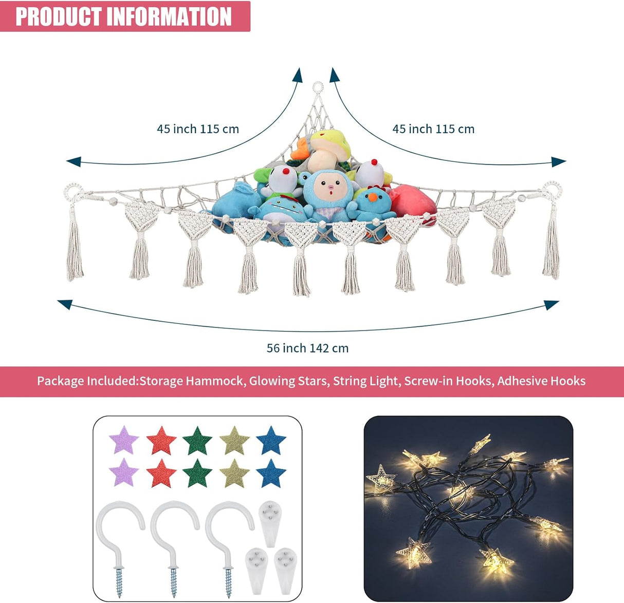 Hamaca Gigante para Peluches con Luz LED, Organizador 56