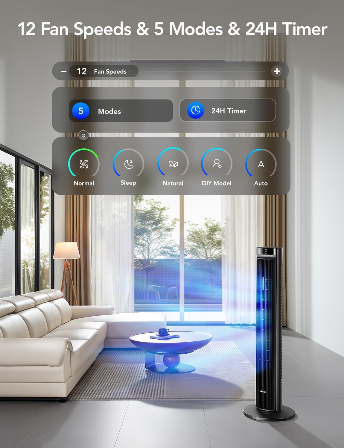 Ventilador Torre GoveeLife 42'', Oscilante, Control APP, 12 Velocidades