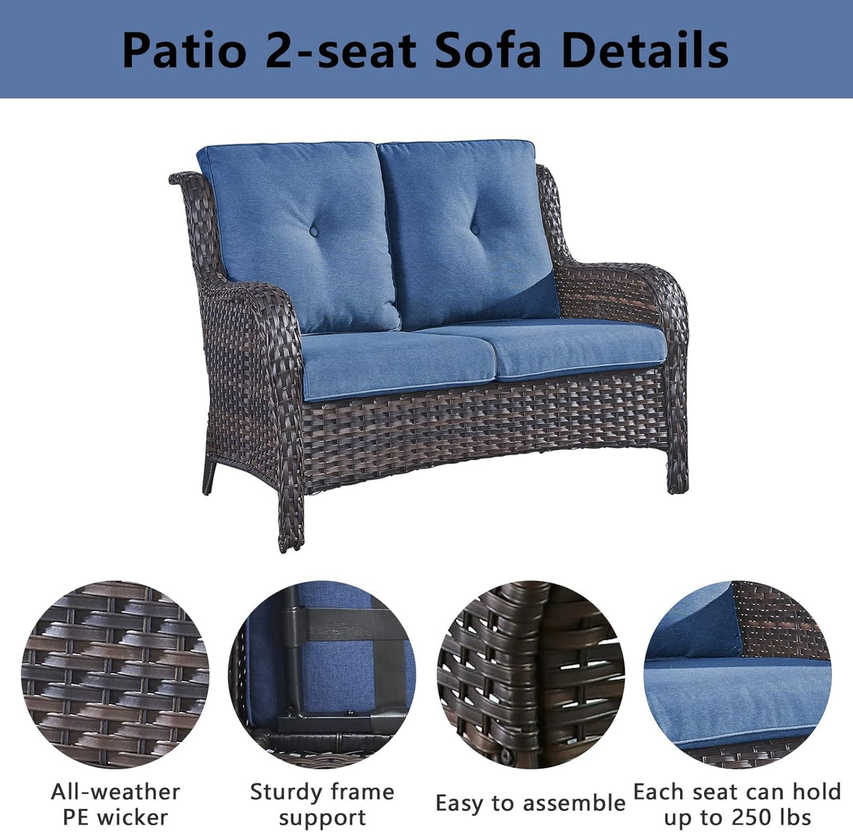 Belord Juego de muebles de patio al aire libre de 5 piezas, muebles de mimbre para conversación, sillas mecedoras giratorias para exteriores con sofá biplaza y 2 otomanas para espacios pequeños, cojín azul