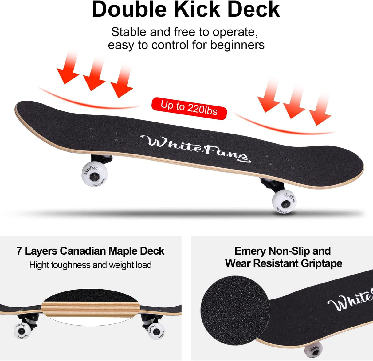 Patineta Completa para Principiantes 31 x 7.88, 7 Capas, Doble Kick