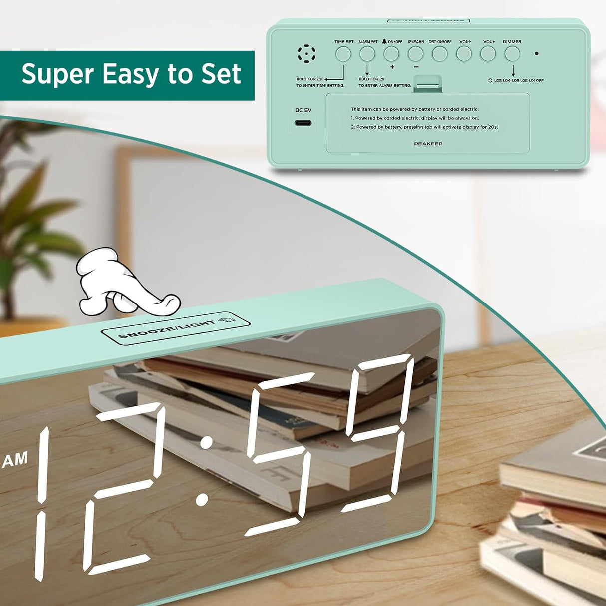 Reloj Digital con Alarma, Números Grandes, Respaldo de Batería