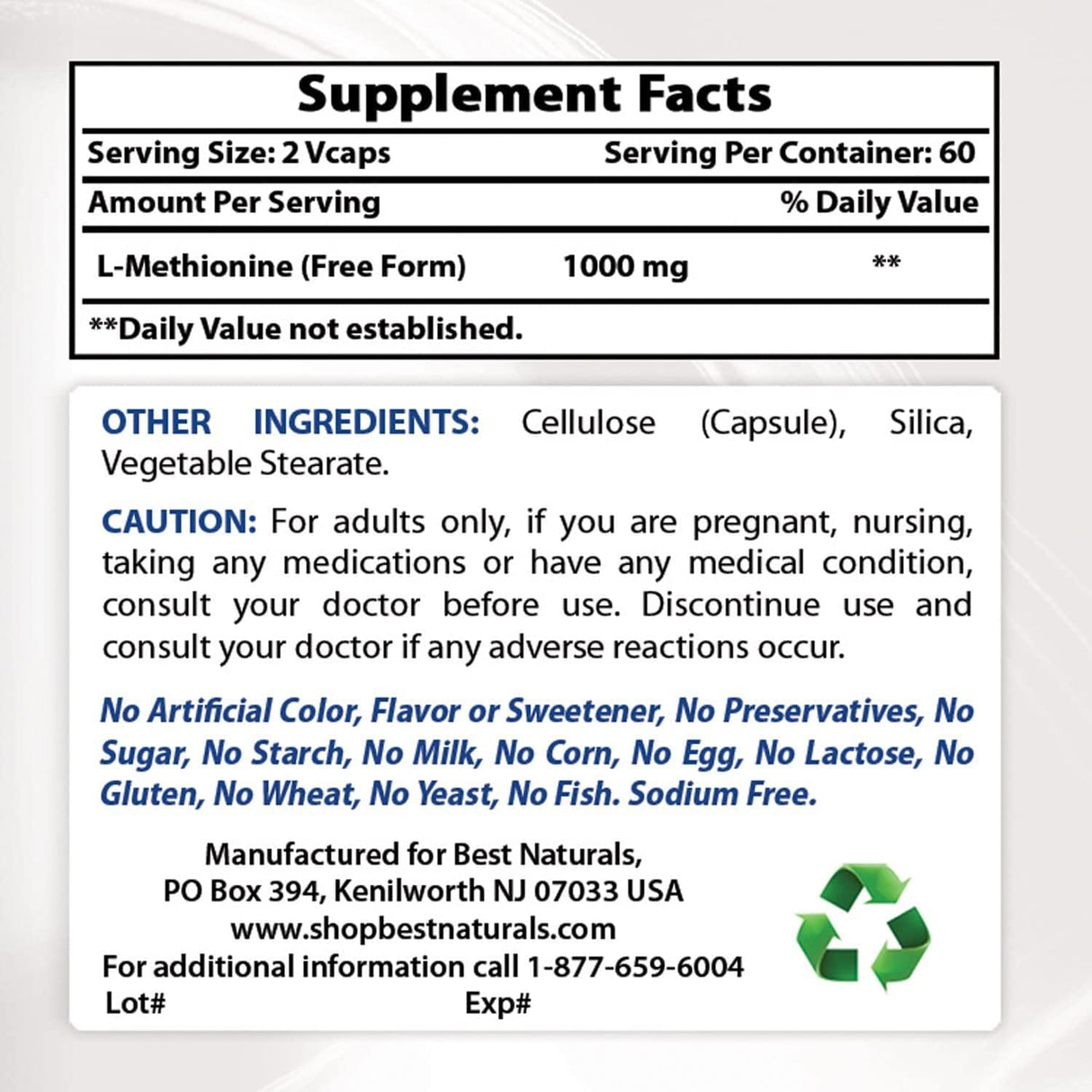 Suplemento Naturals L-metionina 500 mg 120 cápsulas vegetal