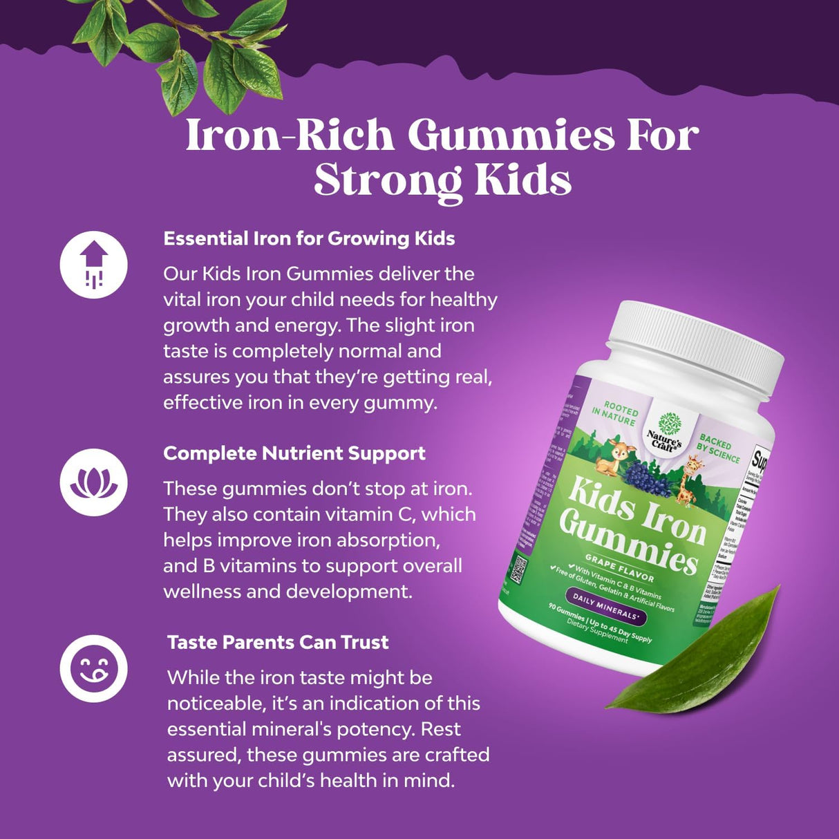 Kids Iron Gummies - Suplemento de Hierro, B12, Folato y C, 90 Cápsulas