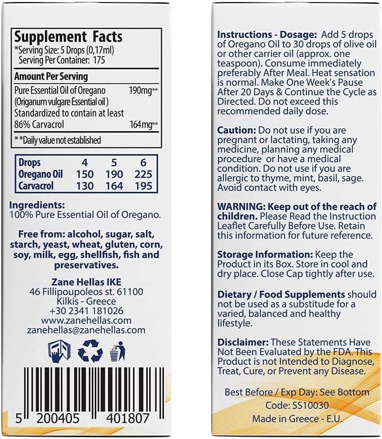 Aceite de Orégano Griego 190 mg, 86%-90% Carvacrol, 4 gotas diarias