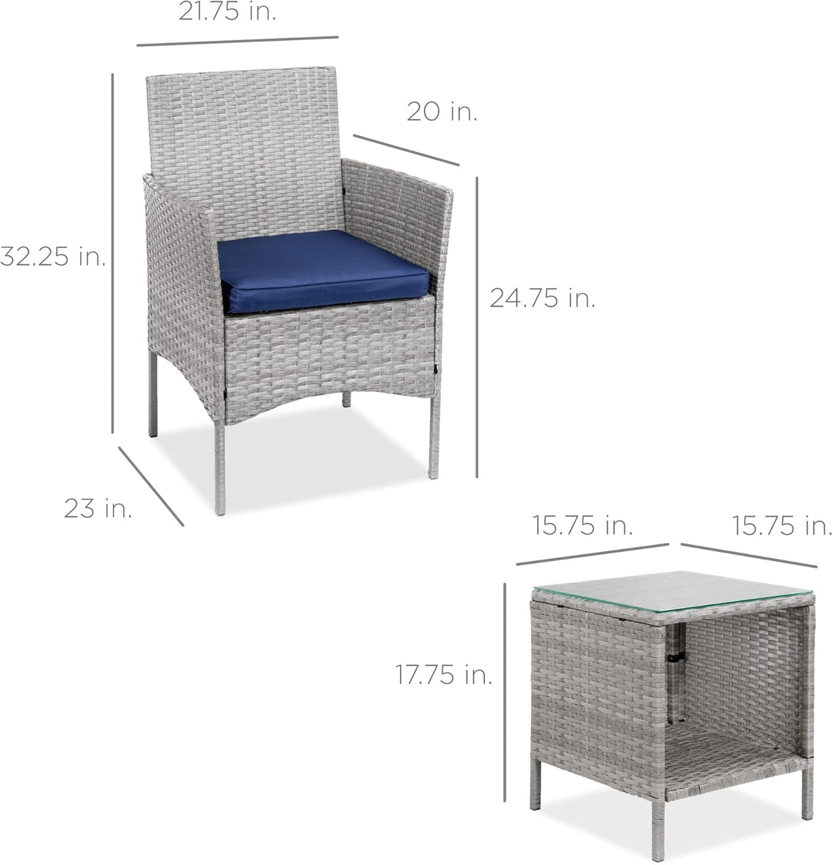 Best Choice Products Juego de 3 piezas de mimbre para exteriores, muebles de patio que ahorran espacio para patio, jardín con 2 sillas, 2 cojines, mesa de almacenamiento lateral, gris/azul marino