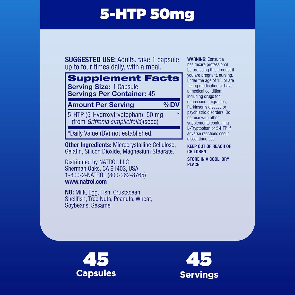 Suplemento Natrol 5-HTP 50mg, Apoyo al Ánimo, 45 Cápsulas
