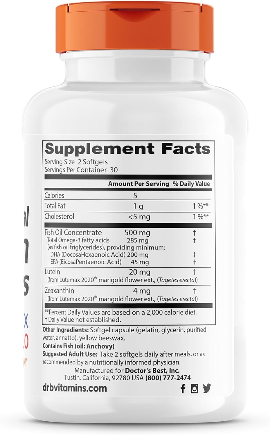 Doctor's BEST Los potenciadores naturales de la visión contienen Lutemax 2020, apoya la salud ocular, una visión más nítida, ayuda a filtrar la luz azul, 60 cápsulas blandas