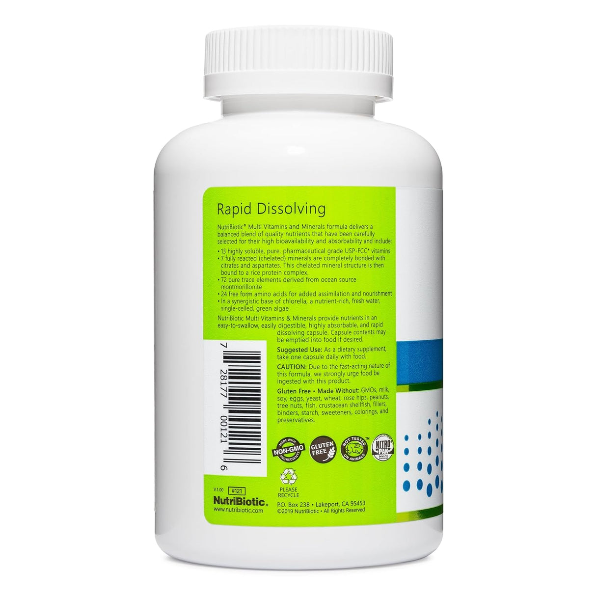 Multivitaminas y Minerales NutriBiotic, 180 Cápsulas, Gluten Free