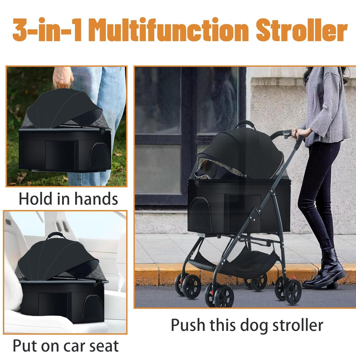 Carrito para Perros 3 en 1, Plegable, Soporta hasta 25kg