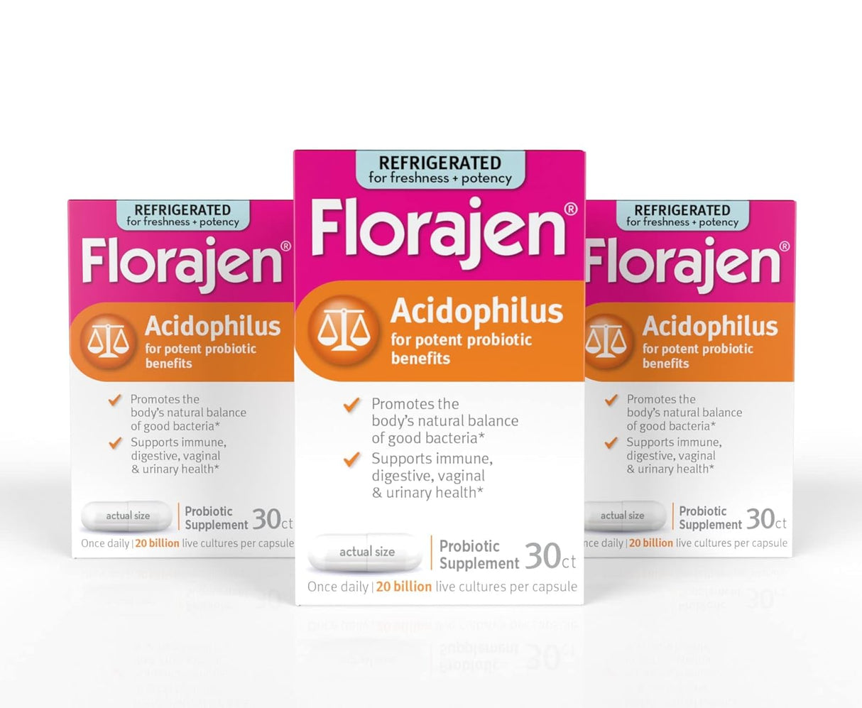 Florajen Probióticos Acidophilus, salud intestinal, salud vaginal y suplemento de apoyo inmunológico, alivio del estreñimiento y la hinchazón para adultos, 90 cápsulas (refrigerado)
