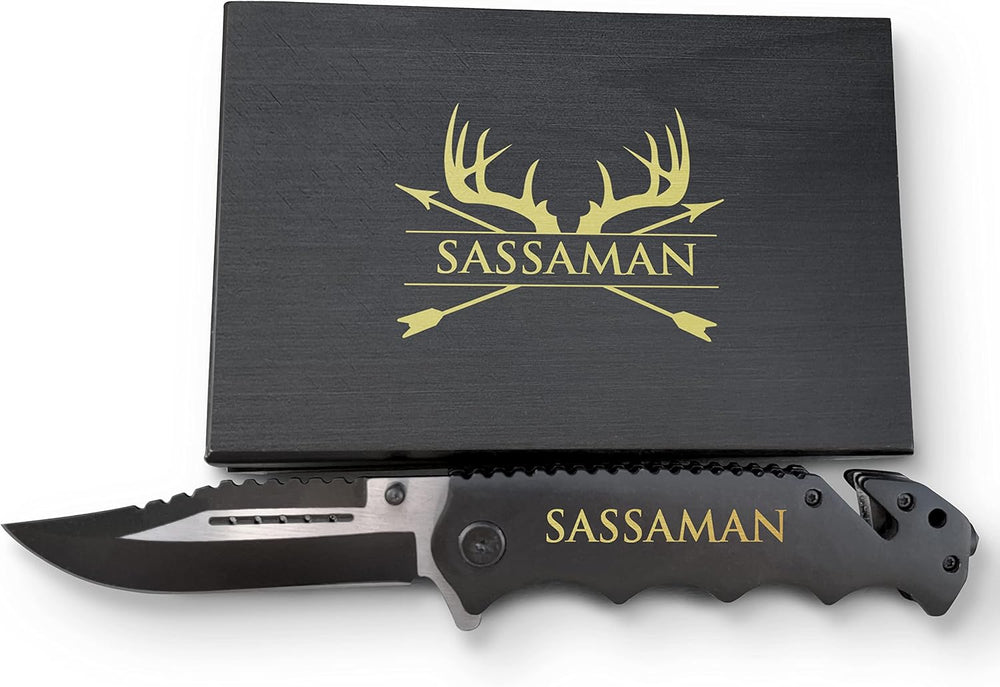 Cuchillo personalizado prémium con caja grabada, negro