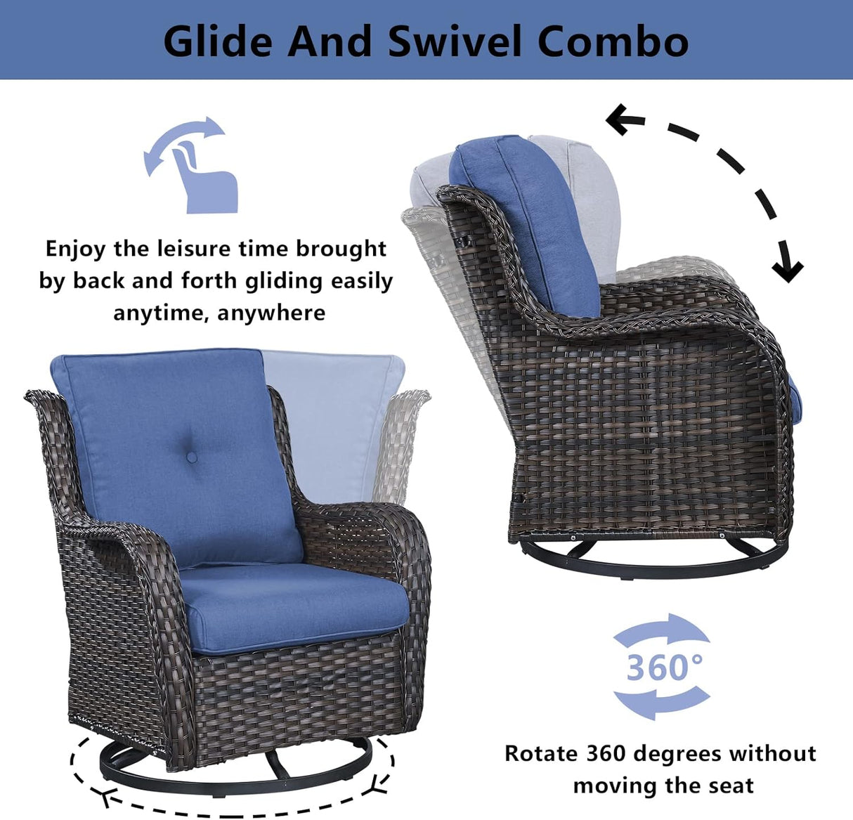 Belord Juego de muebles de mimbre para exteriores, juego de muebles de patio de 6 piezas con sillas mecedoras giratorias, sofá biplaza, otomanas y mesa auxiliar, cojín azul