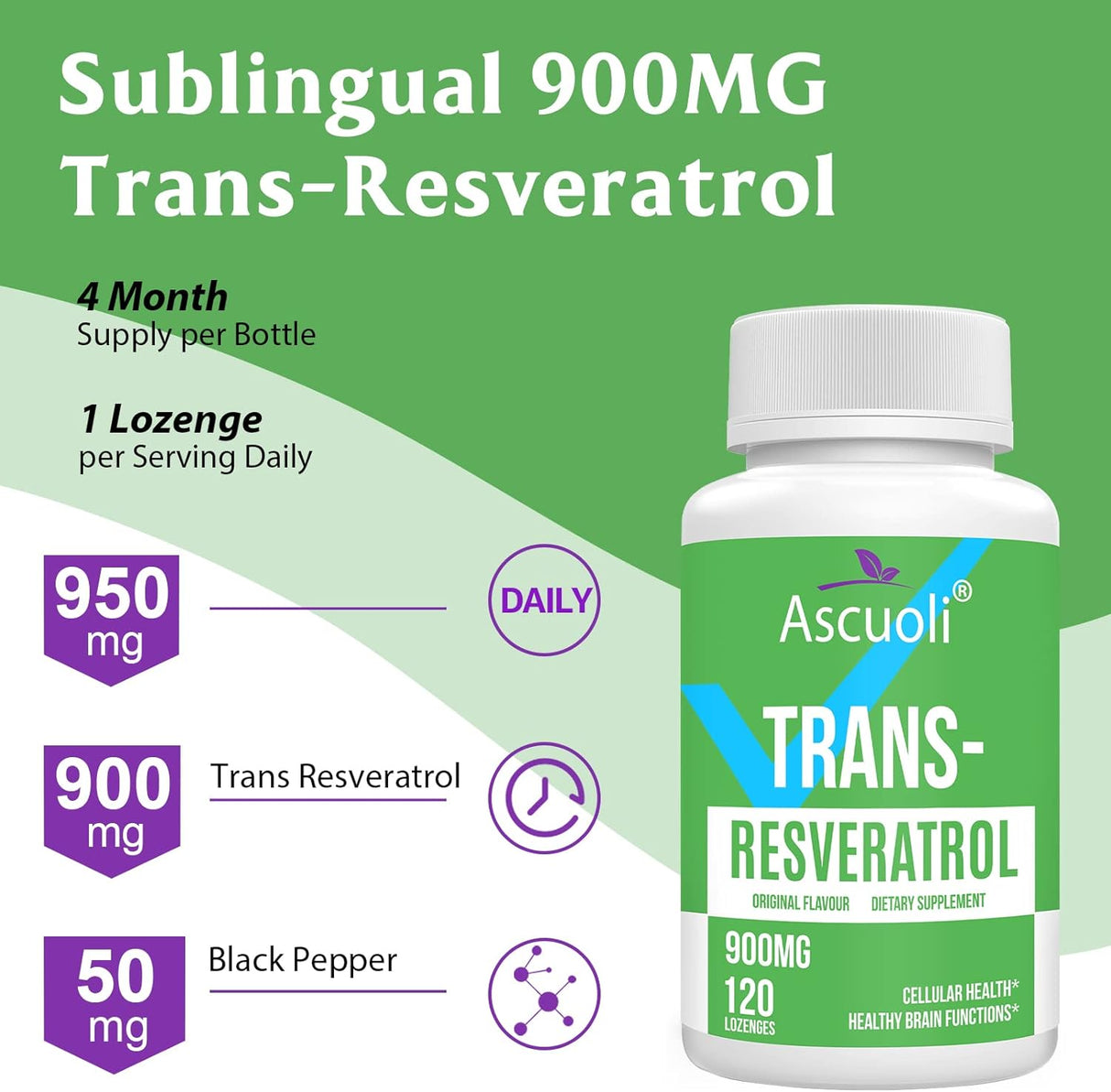 Suplemento Ascuoli Trans-Resveratrol Sublingual Pureza 99%