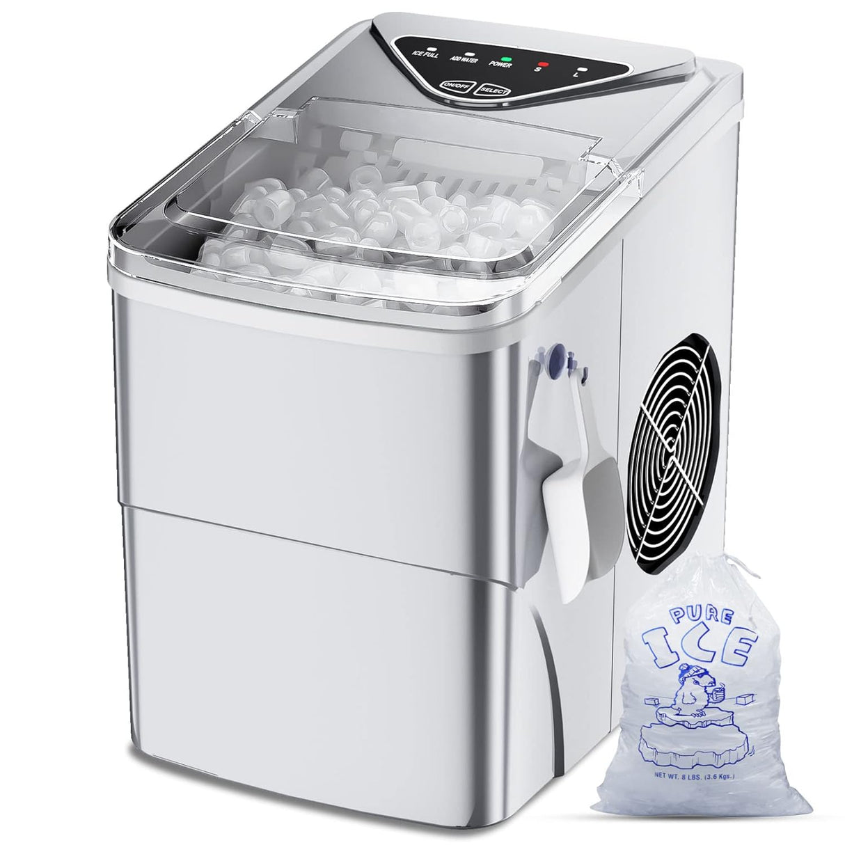 Máquina de Hielo Portátil, Autolimpiante, 26lbs/24h, Silver