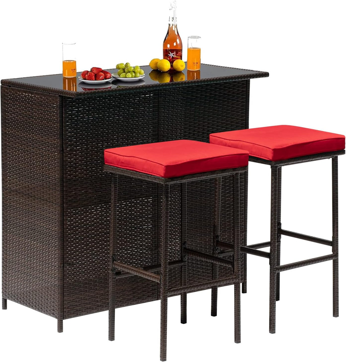 FDW Juego de muebles de mimbre para exteriores, juego de 3 piezas de bar para patio con dos taburetes para patio, balcón, cojín rojo