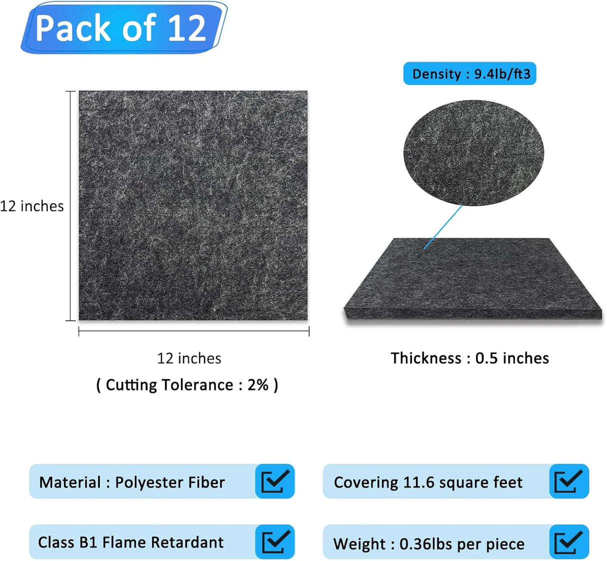 Paneles Acústicos BXI 12 Pack 12x12 0.5 Absorbentes