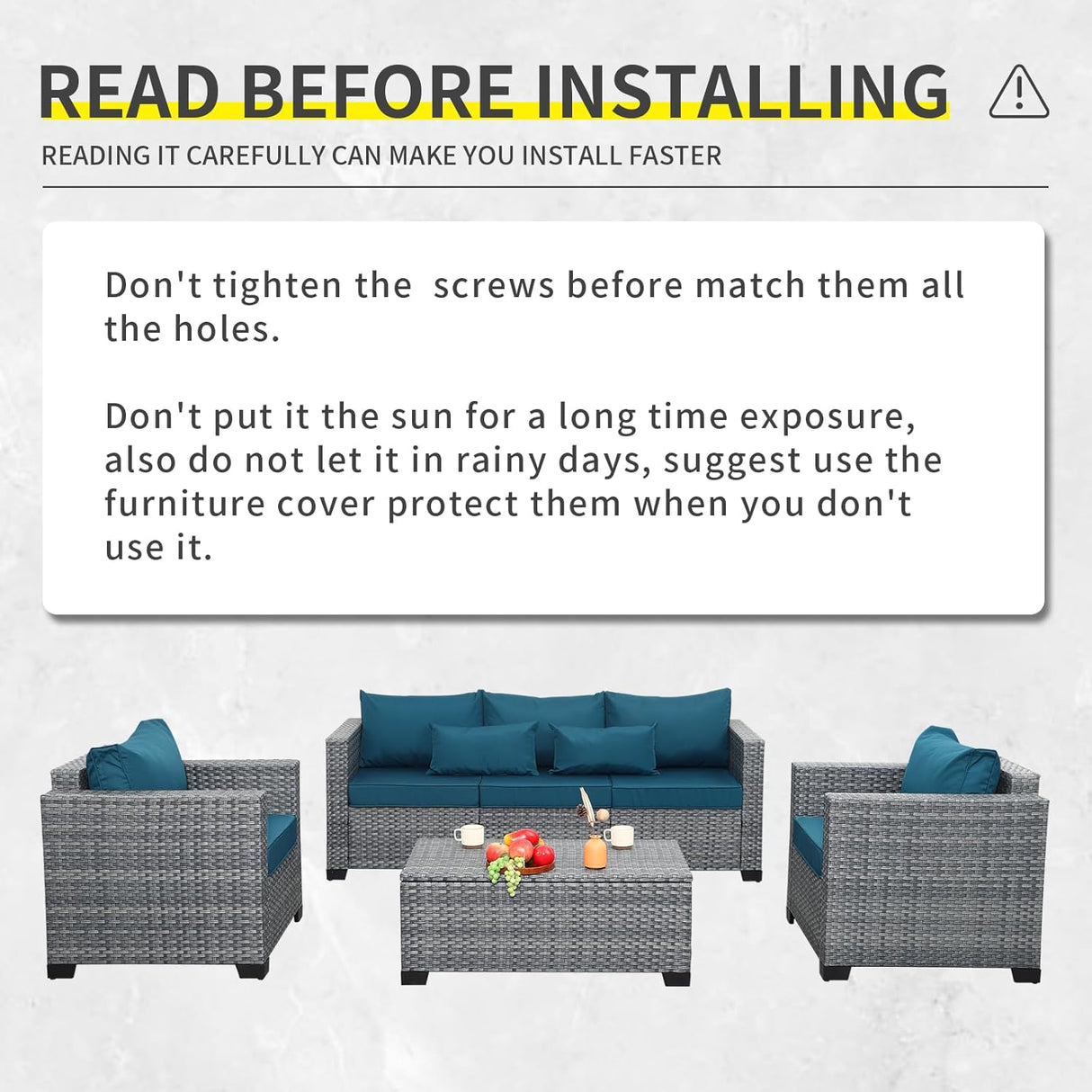 Lviden Juego de muebles de mimbre para patio de 4 piezas, juego de conversación al aire libre, sofá seccional de ratán de polietileno con mesa de almacenamiento y cojines azul pavo real