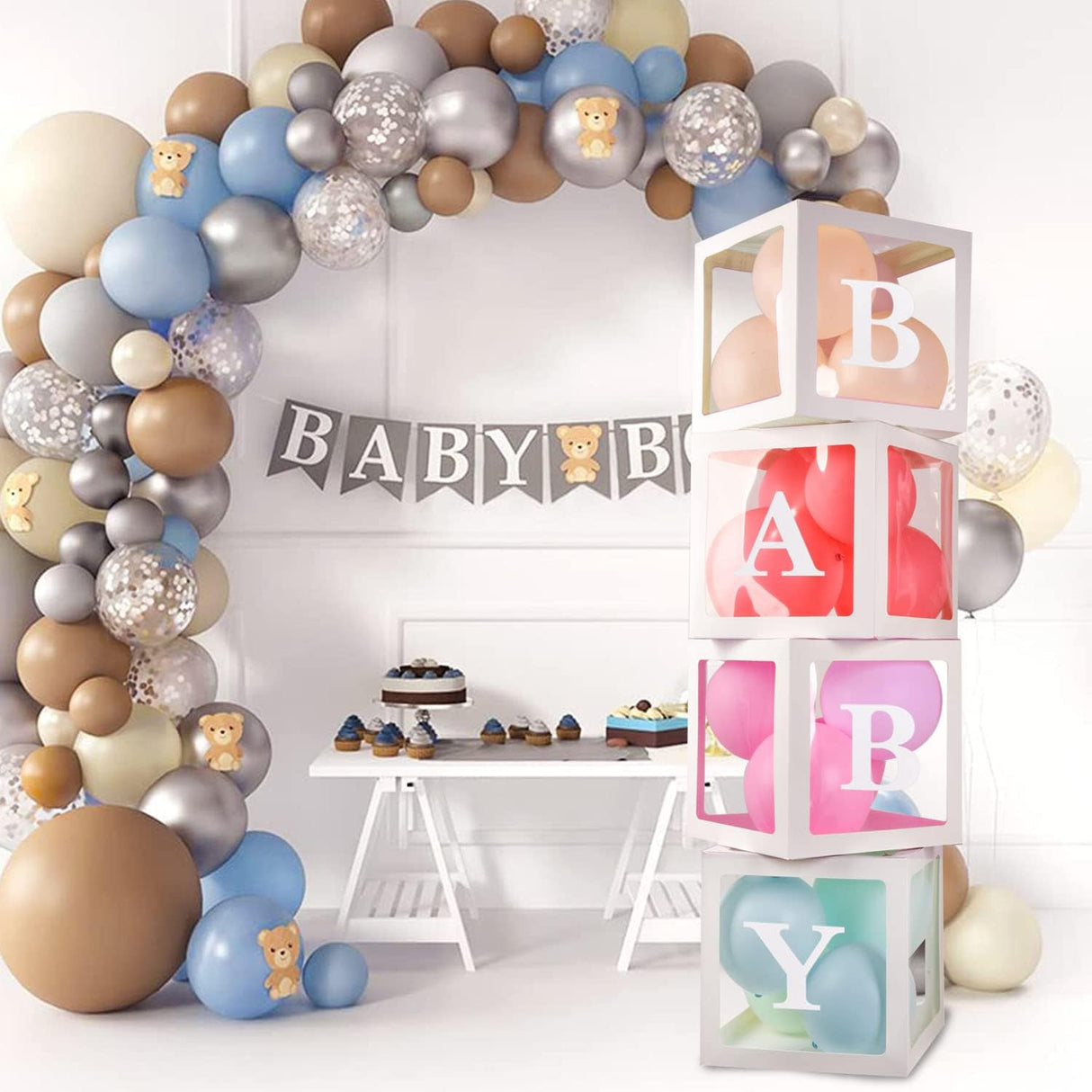 USCNC Baby Boxes With 4 pcs Letters White Clear Balloon Box Blocks for Baby Shower and Birthday Party