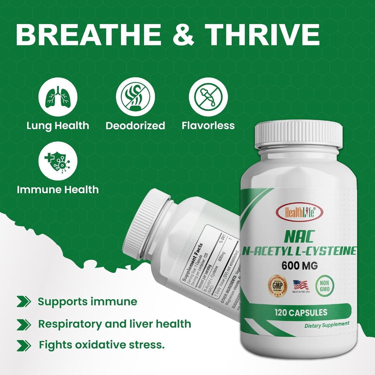 N-Acetil L-Cisteína 600mg - HealthLife, 120 cápsulas, No GMO
