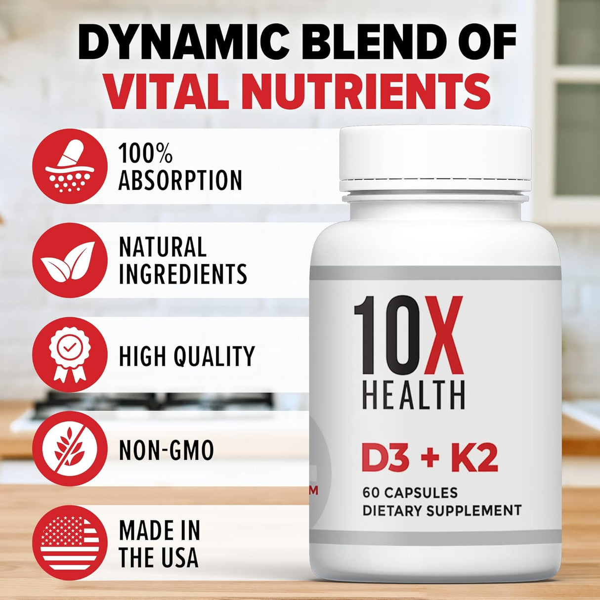 Suplemento D3 K2 10X Health - 125 mcg D3, 90 mcg K2 - 60 cápsulas