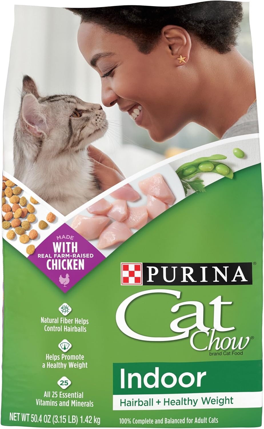 Purina Cat Chow Alimento seco para gatos de interior, bola de pelo + peso saludable (paquete de 4) bolsas de 3.15 libras
