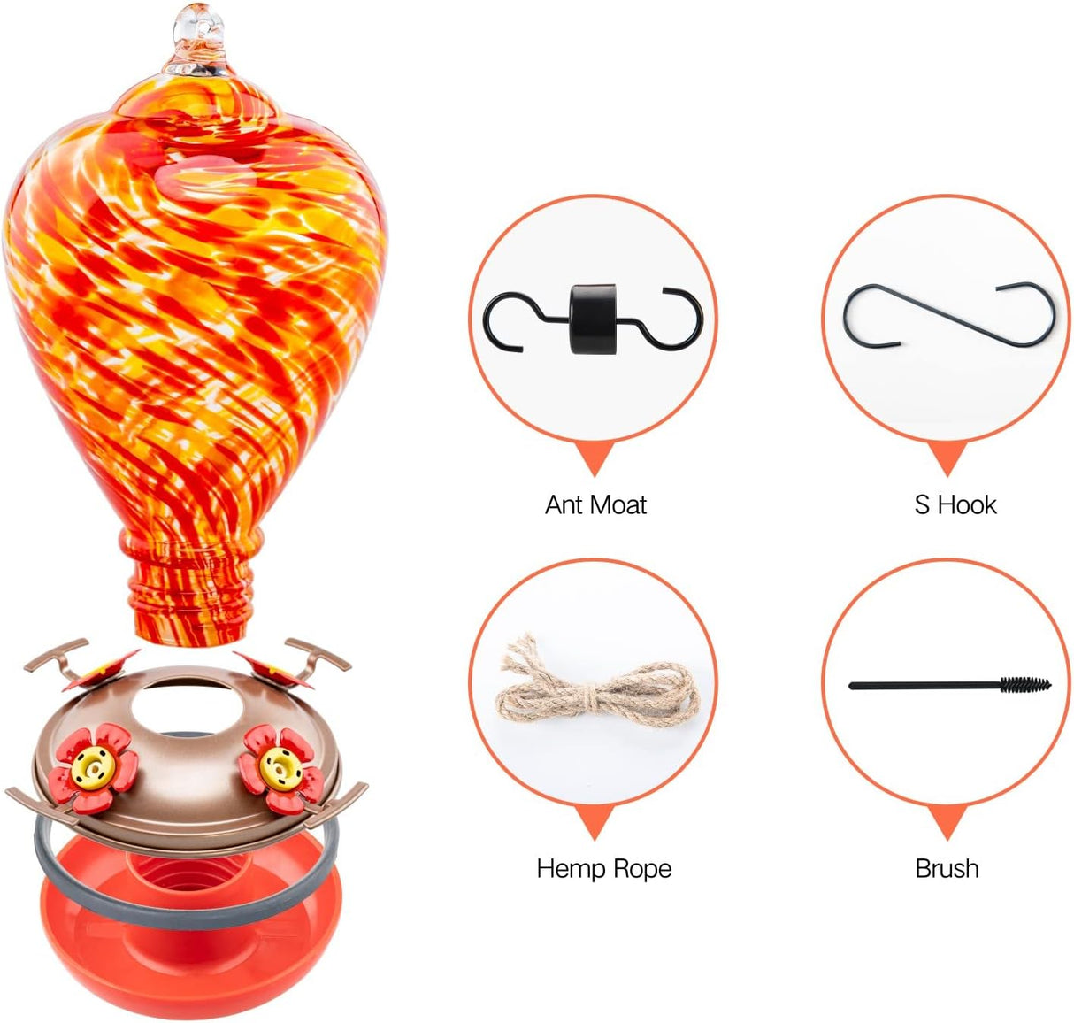 Muse Garden Comedero para colibríes para exteriores, vidrio soplado a mano, 34 onzas, foso de hormigas incluido, Daylight