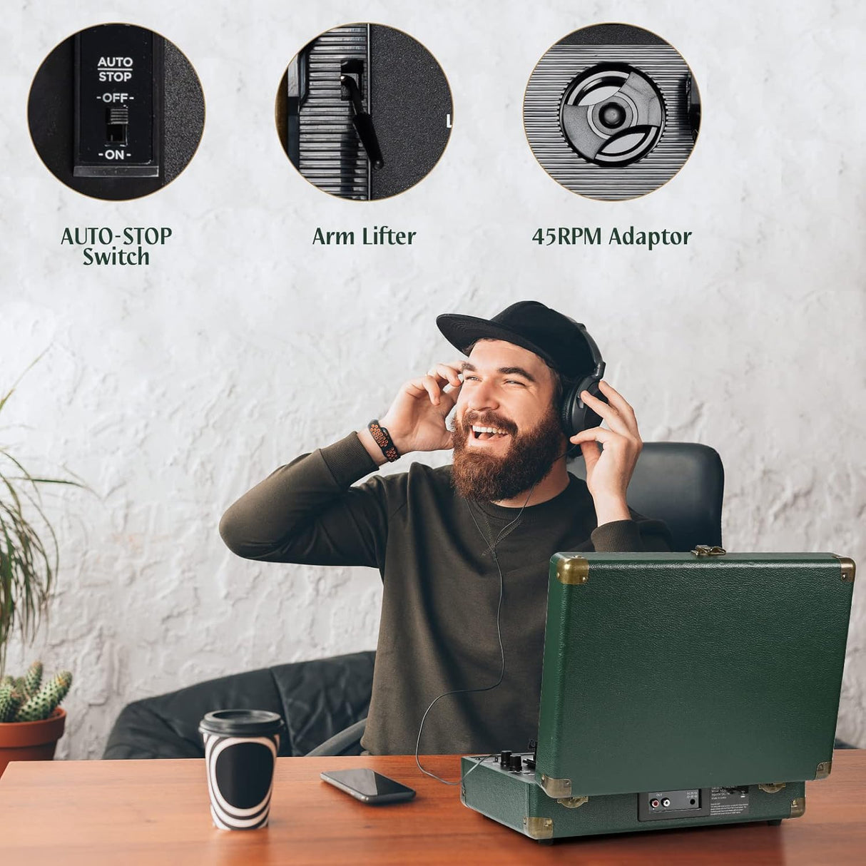 Reproductor de Vinilo Portátil 3 Velocidades con Bluetooth