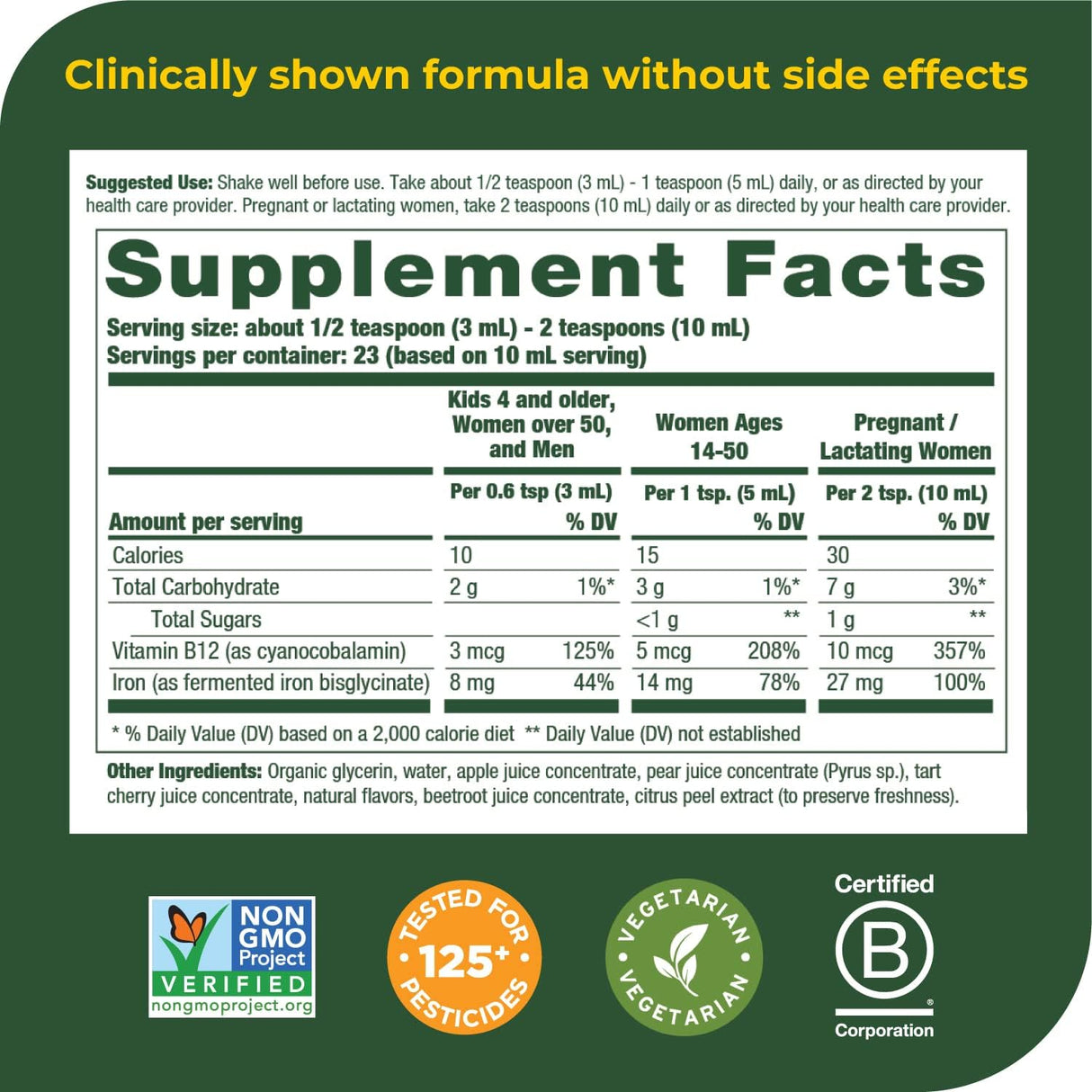 Suplemento de hierro líquido hombres y niños, vegano, 7.7oz