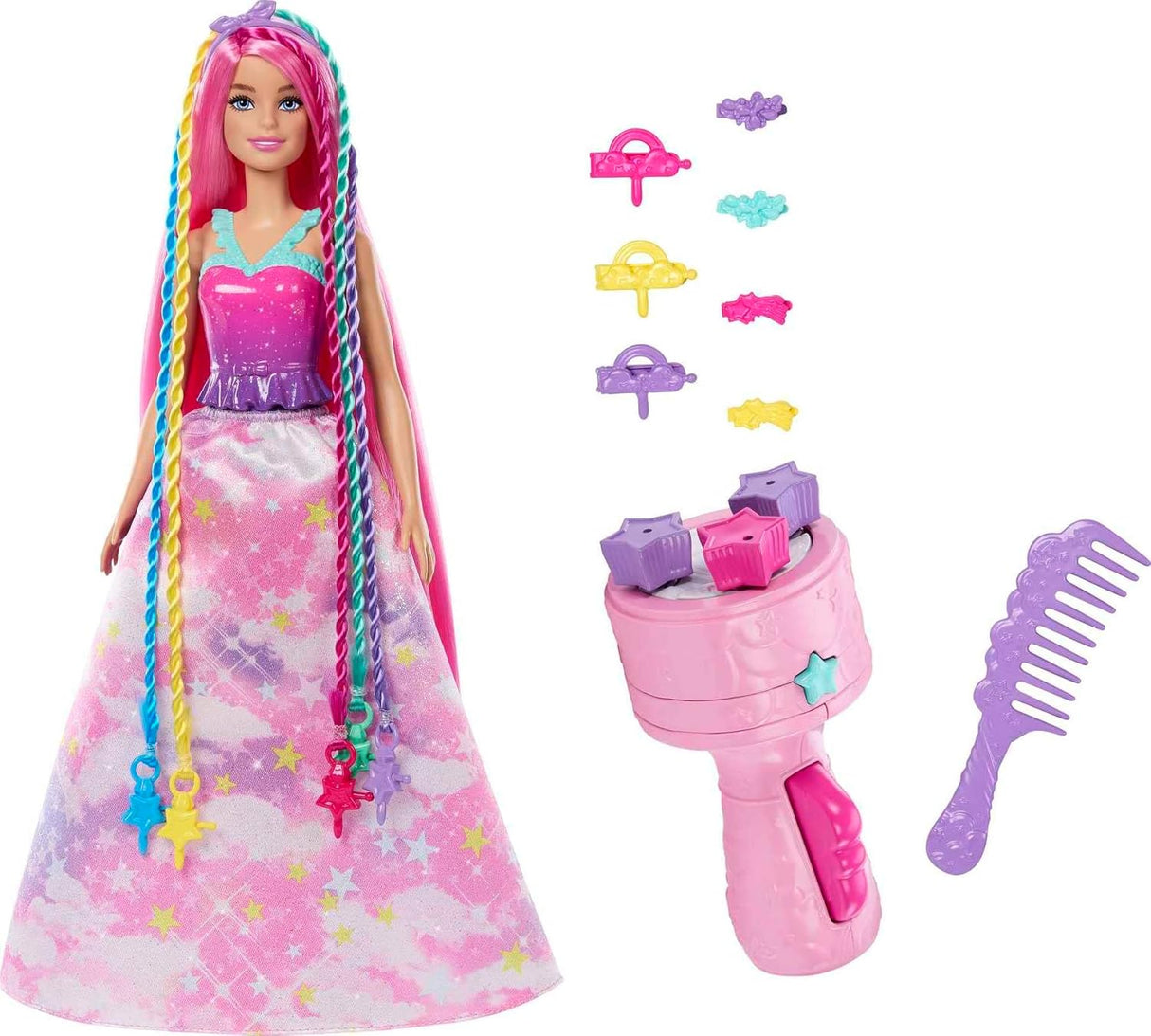 Barbie Dreamtopia Muñeca, Pelo Twist 'n Style, Extensiones y Accesorios