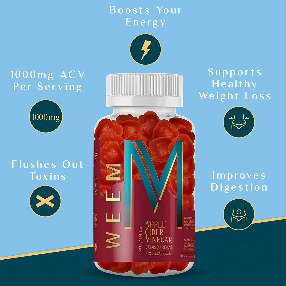 WEEM Gomitas de vinagre de sidra de manzana, natural, vegano con ácido fólico, sin gluten, vitamina B12, suplemento de desintoxicación y peso premium, ayuda a la digestión para mujeres y hombres