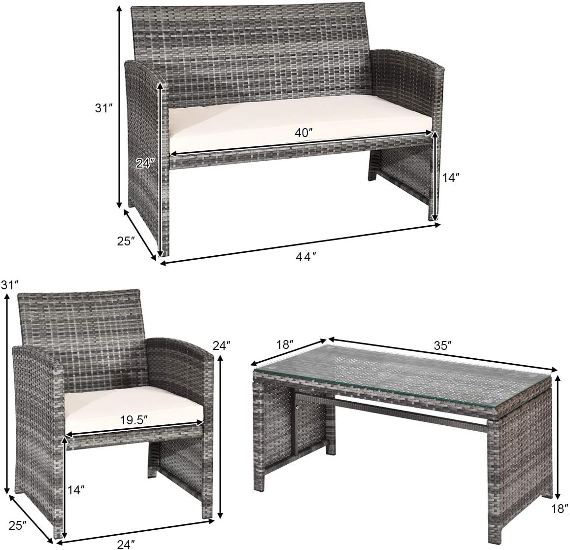 Goplus Juego de muebles de ratán para patio, 4 piezas, sofá y mesa de mimbre para exteriores con cojines suaves y mesa de centro de vidrio templado para balcón, jardín, patio trasero (beige (mimbre de color mixto))