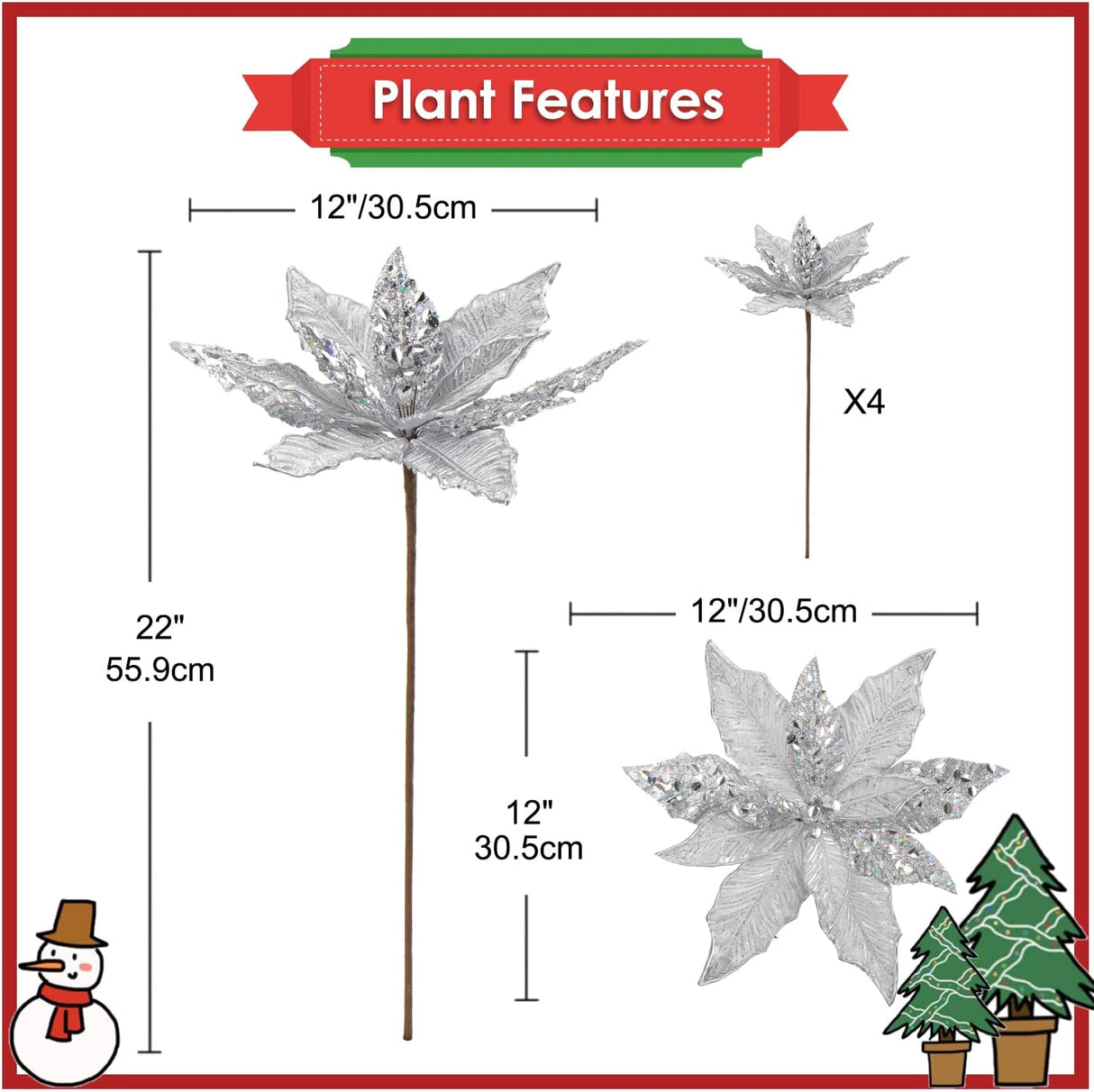 Flores Artificiales Briful 12'' Poinsettia para Decoración Navidad