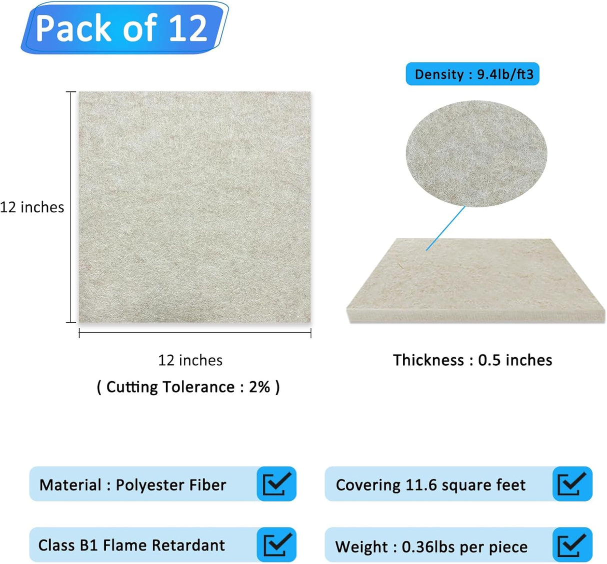 Paneles Acústicos BXI 12 Pack 12x12 Pulgadas 0.5 Pulgadas