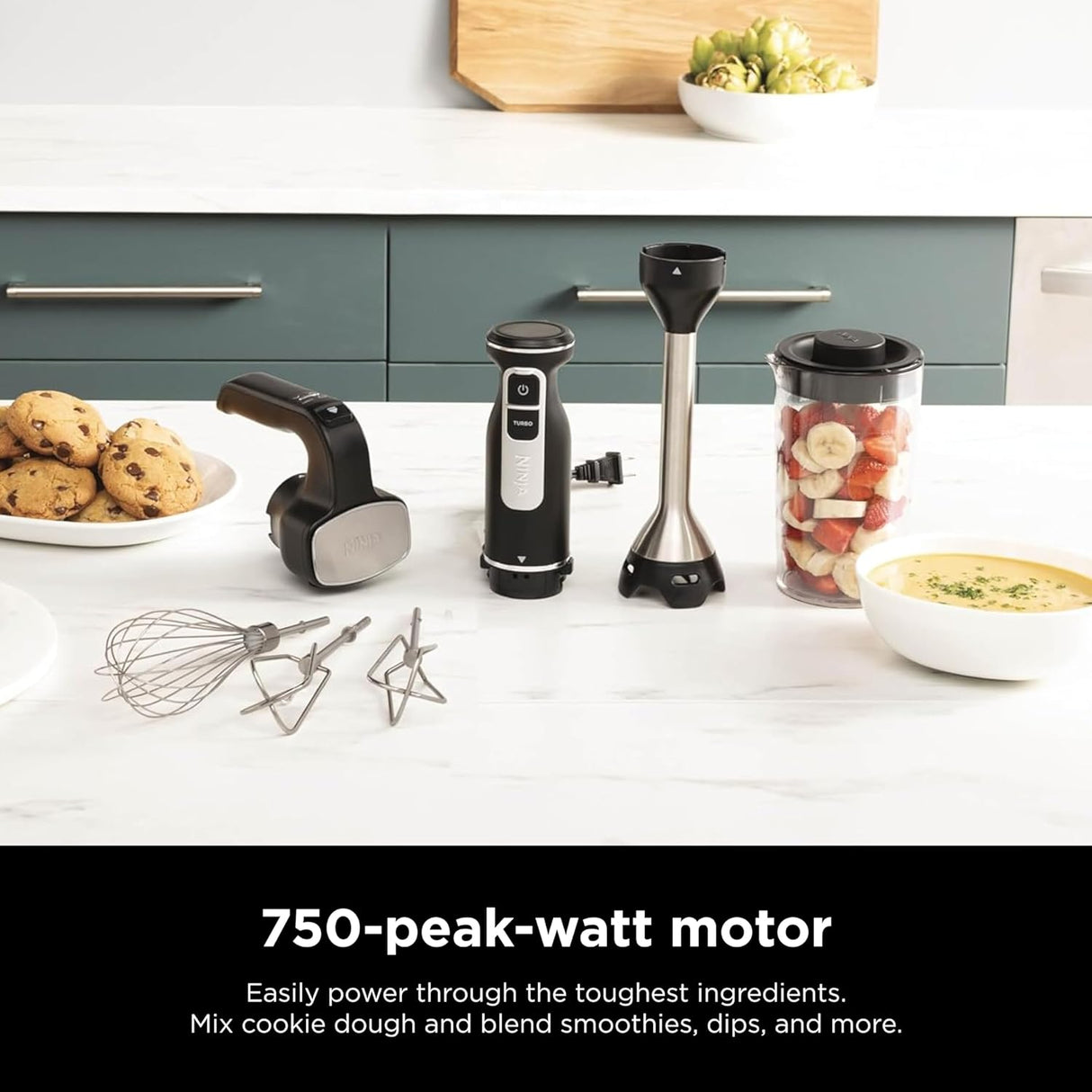 Batidora de Mano Ninja, Licuadora de Inmersión, Sistema de Batidora de Potencia Foodi, 750 Watts, Combo Batidora y Mezcladora con Varillas, Batidores y Vaso de 3 Tazas, 120V, Negro CI101