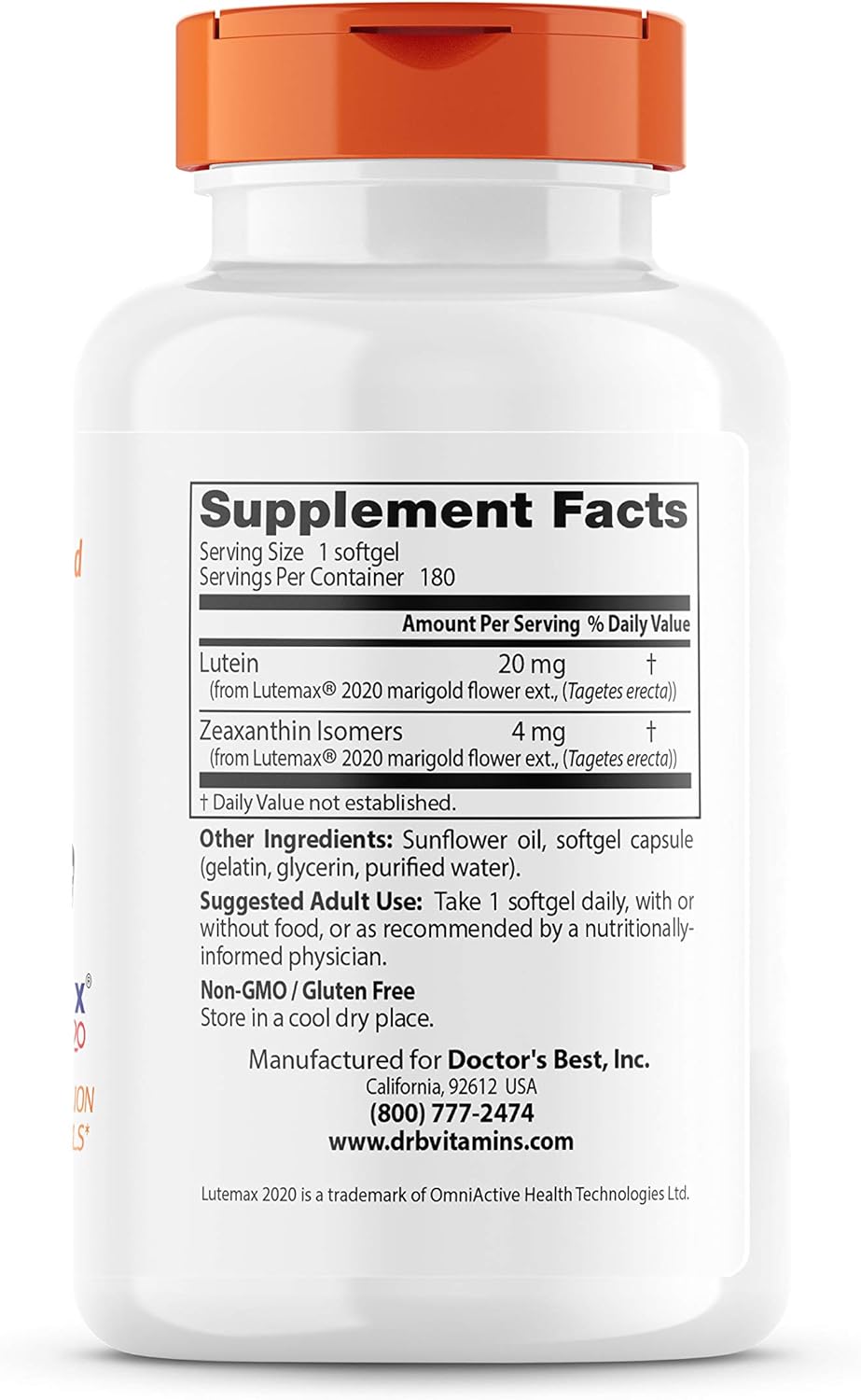 Luteína Doctor's Best, 20 mg, 180 Softgels, Sin GMO, Sin Gluten