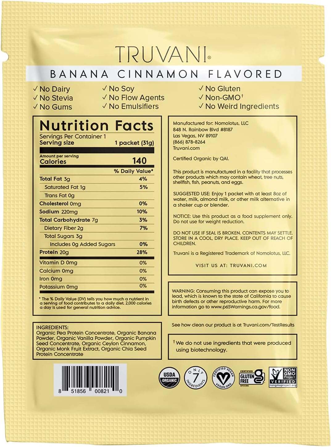 Proteína Vegana de Guisante Truvani | 20g Orgánica | Sin Gluten