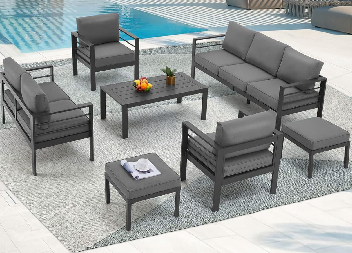AECOJOY Muebles de patio modernos de aluminio con mesa auxiliar, juego de 7 piezas para conversación al aire libre con cojines gris oscuro para balcón, porche, césped y más