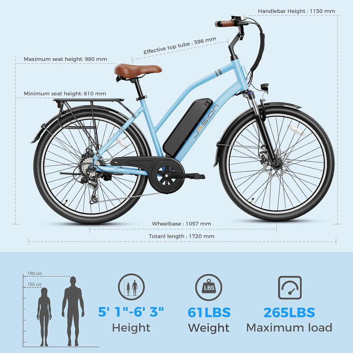 Bicicleta eléctrica Jasion CB1, 1000W, 450Wh, 26'', 7 velocidades