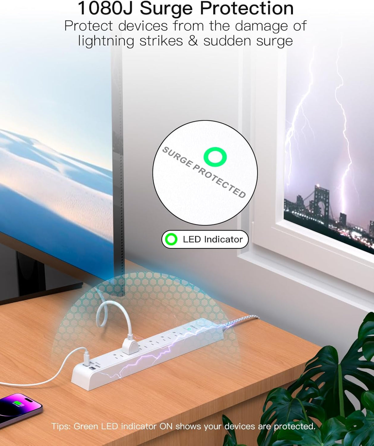 Regleta protectora de sobretensiones de 10 pies con 4 puertos