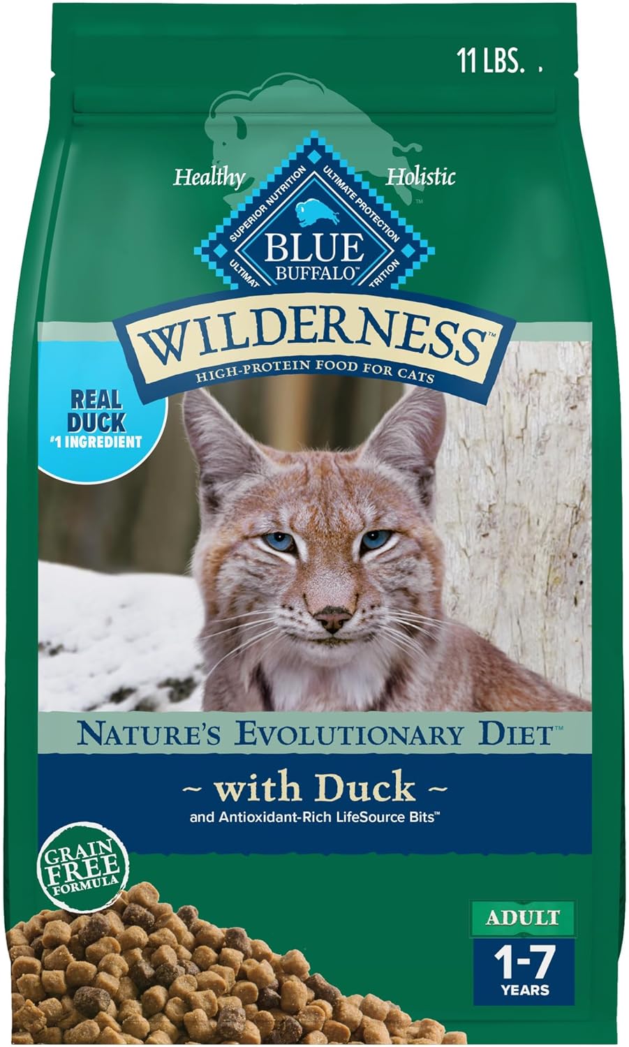 Blue Buffalo Wilderness High Protein, Alimento seco natural para gatos adultos, pato 11 libras