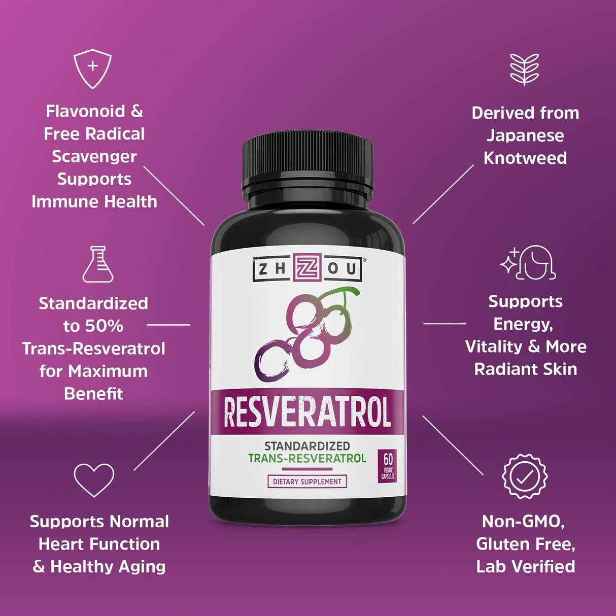 Suplemento de resveratrol para máximo sistema inmune 60 und