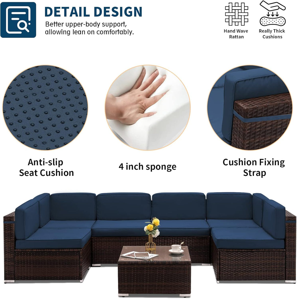 UDPATIO Juego de muebles de patio, muebles modulares de ratán para exteriores, juego de muebles seccionales de mimbre para patio trasero, cubierta, junto a la piscina con mesa de centro de cristal, 7 piezas, azul (incluye funda de sofá)