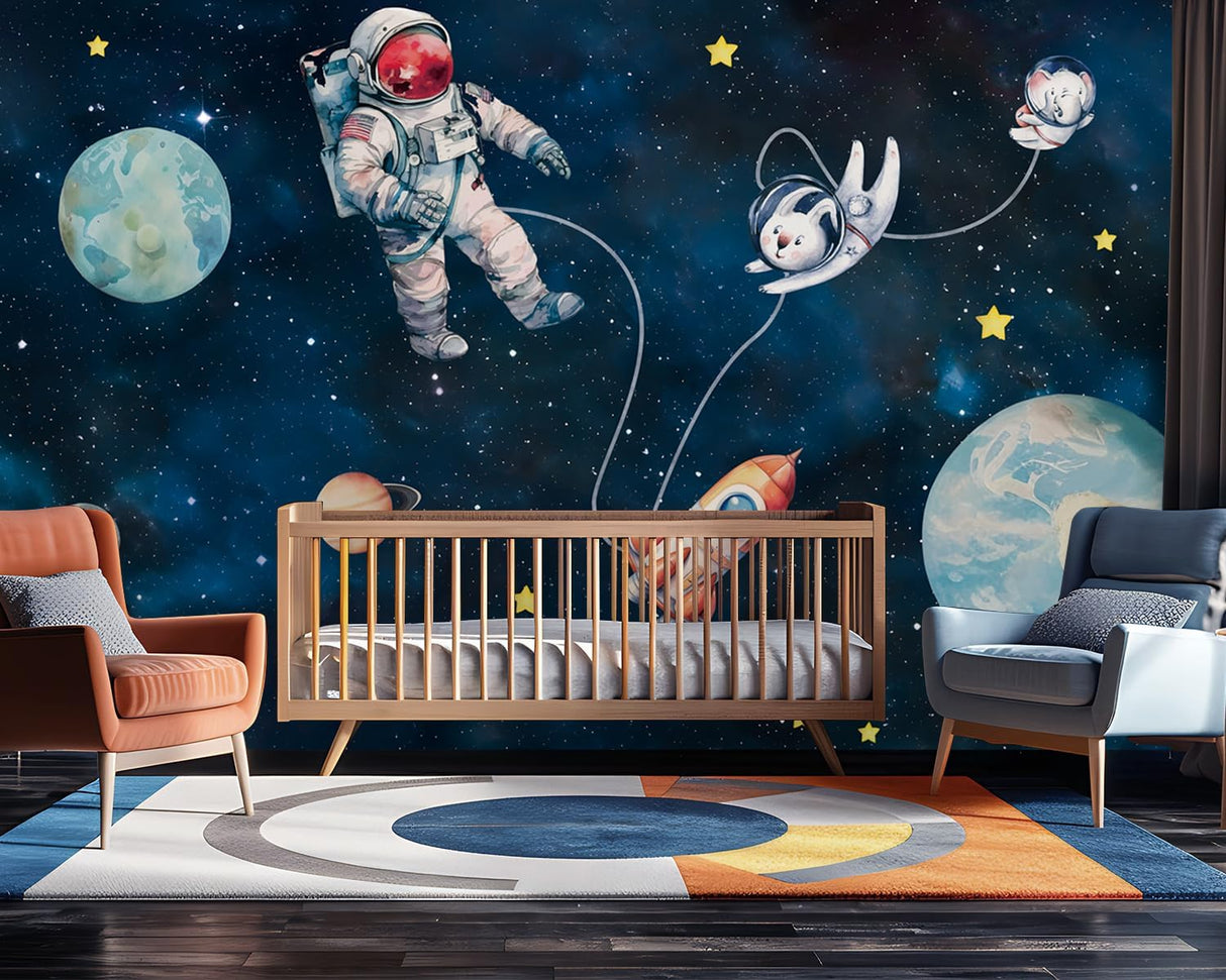 Mural infantil FWIEXA cohete conejo espacio 141x96 (no pegajoso)