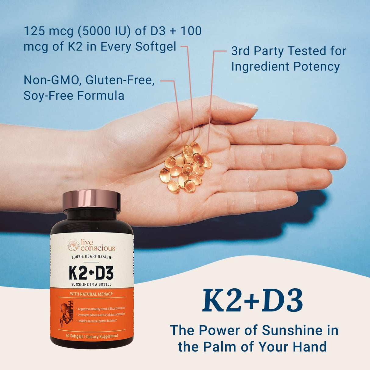 Suplemento de Vitamina K2 MK7 con D3 | Live Conscious 60 Softgels
