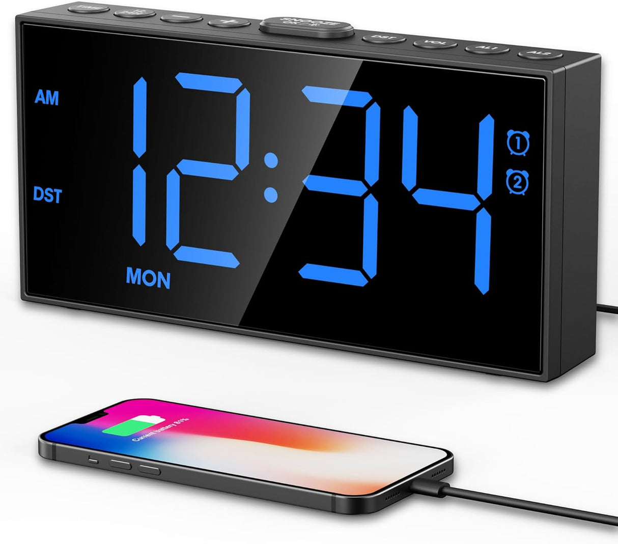 Reloj Despertador Digital para Dormir Profundo, 2 Alarmas, USB