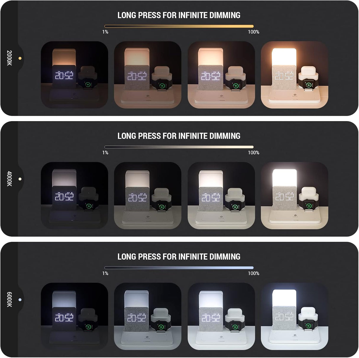 Cargador de carga inalámbrica 3 en 1 con reloj despertador