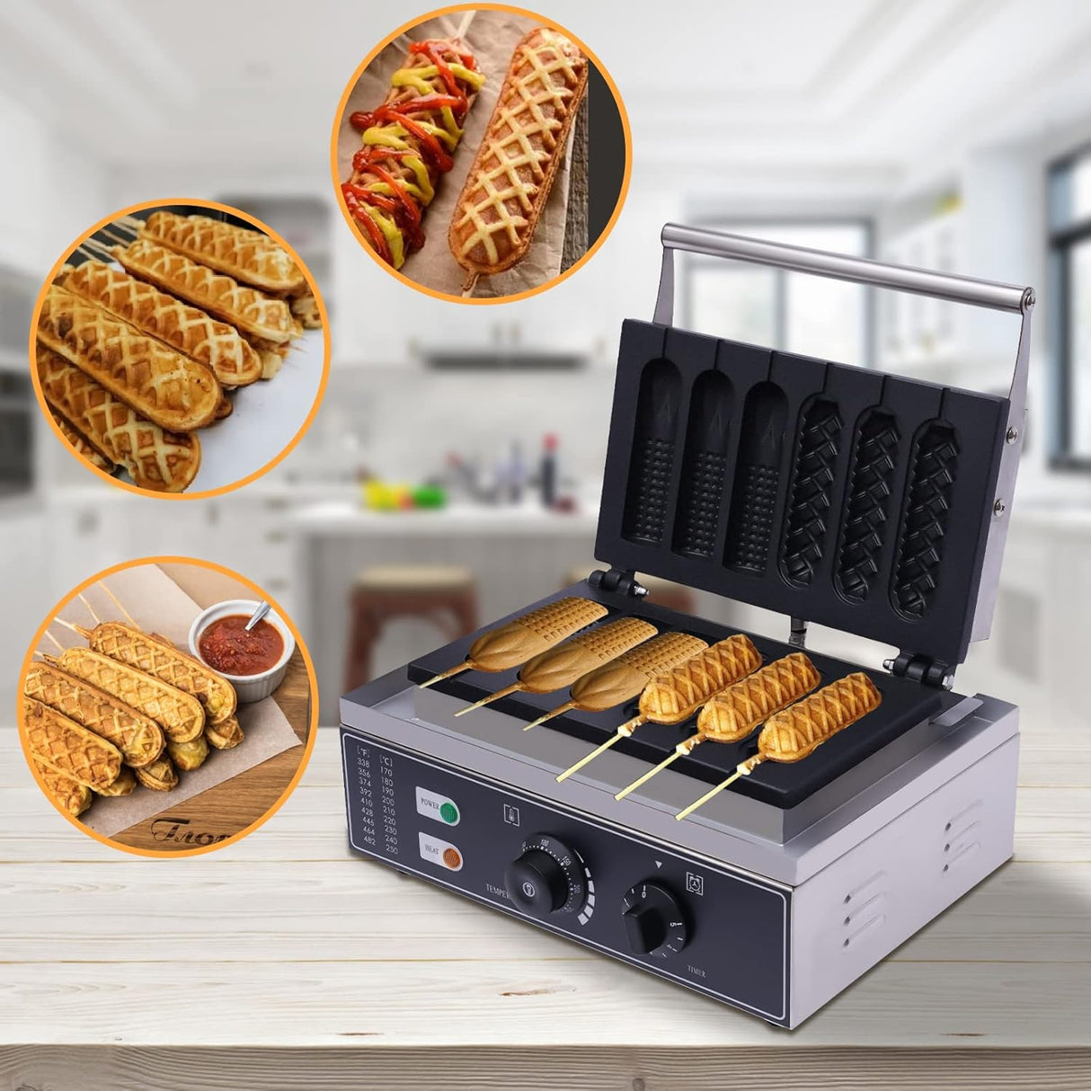 Máquina de Waffles Hotdog, 110V 1500W, 6PCS, Tipo 3